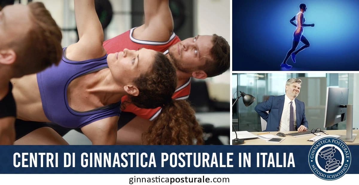 Immagine divisa in tre sezioni: persone che praticano ginnastica posturale e stretching, una rappresentazione grafica della colonna vertebrale evidenziata e un uomo con mal di schiena seduto al computer. In basso, testo che promuove i centri di ginnastica posturale in Italia con il logo "Ginnastica Posturale Metodo Scientifico"