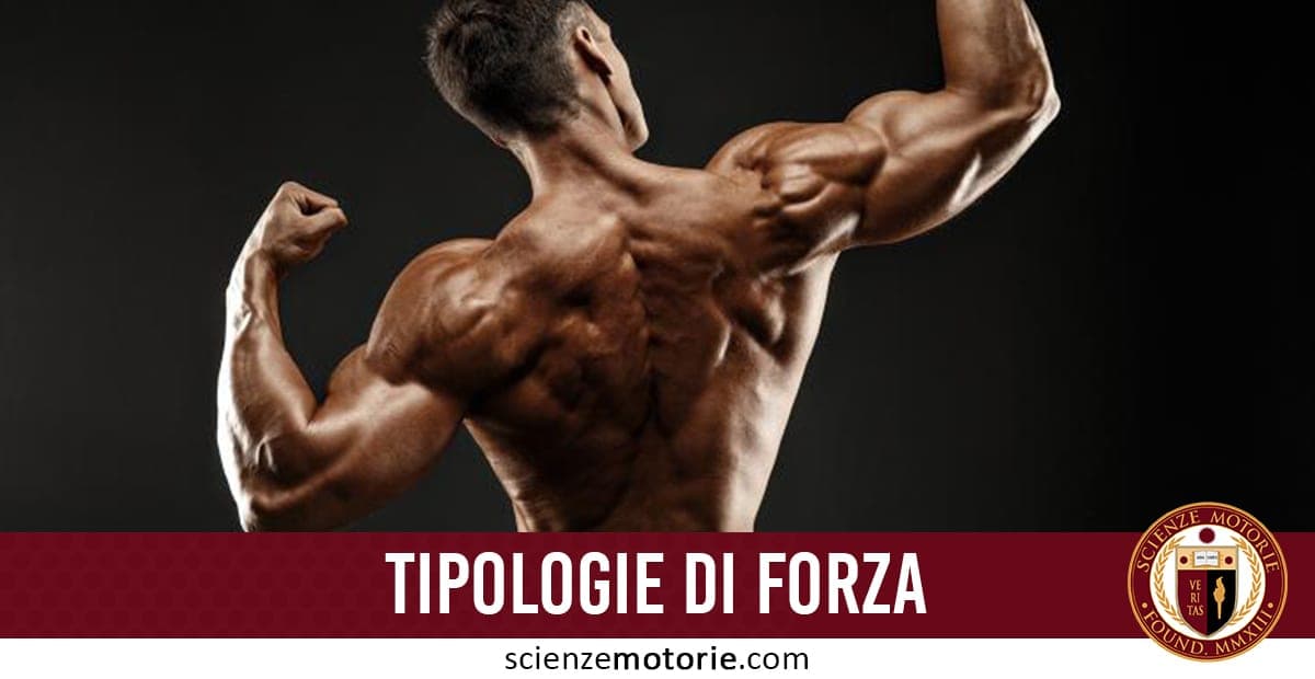 Persona muscolosa vista di spalle con braccia sollevate che mostra la muscolatura, sfondo scuro con testo "Tipologie di Forza" e logo Scienze Motorie.