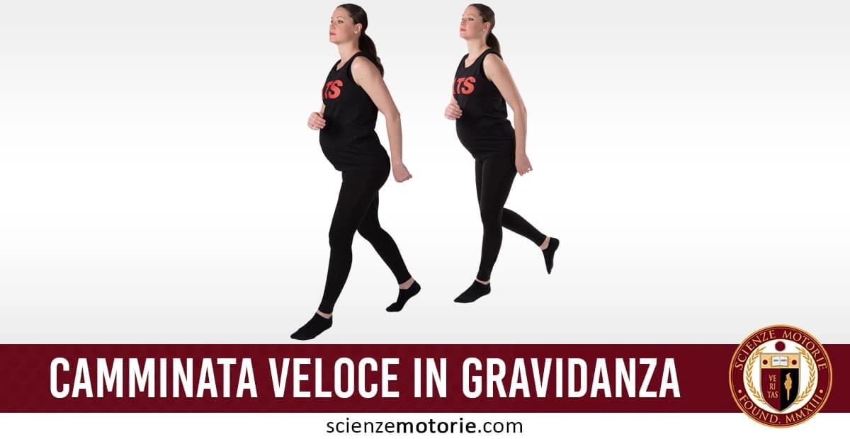 Donna incinta che cammina velocemente con abbigliamento sportivo con il logo di Istituto ATS. In basso è visibile la scritta "Camminata veloce in gravidanza pro e contro" accompagnata dal logo di Scienze Motorie