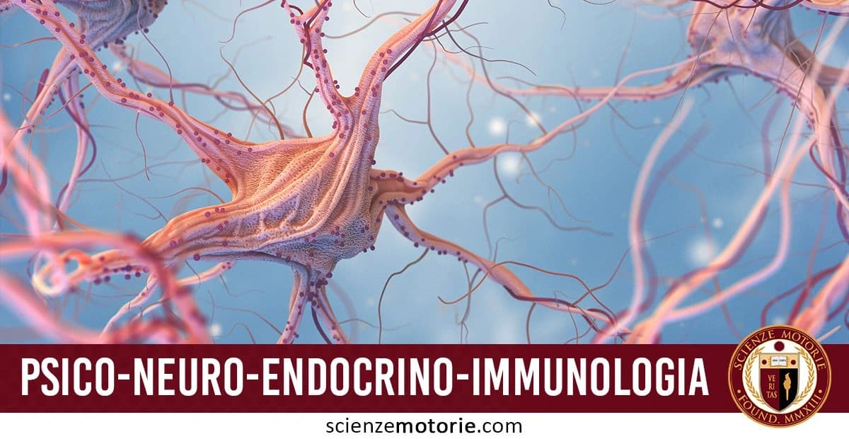 Rappresentazione artistica di neuroni con dendriti e assoni, con il testo "Psico-Neuro-Endocrino-Immunologia" e il logo di Scienze Motorie