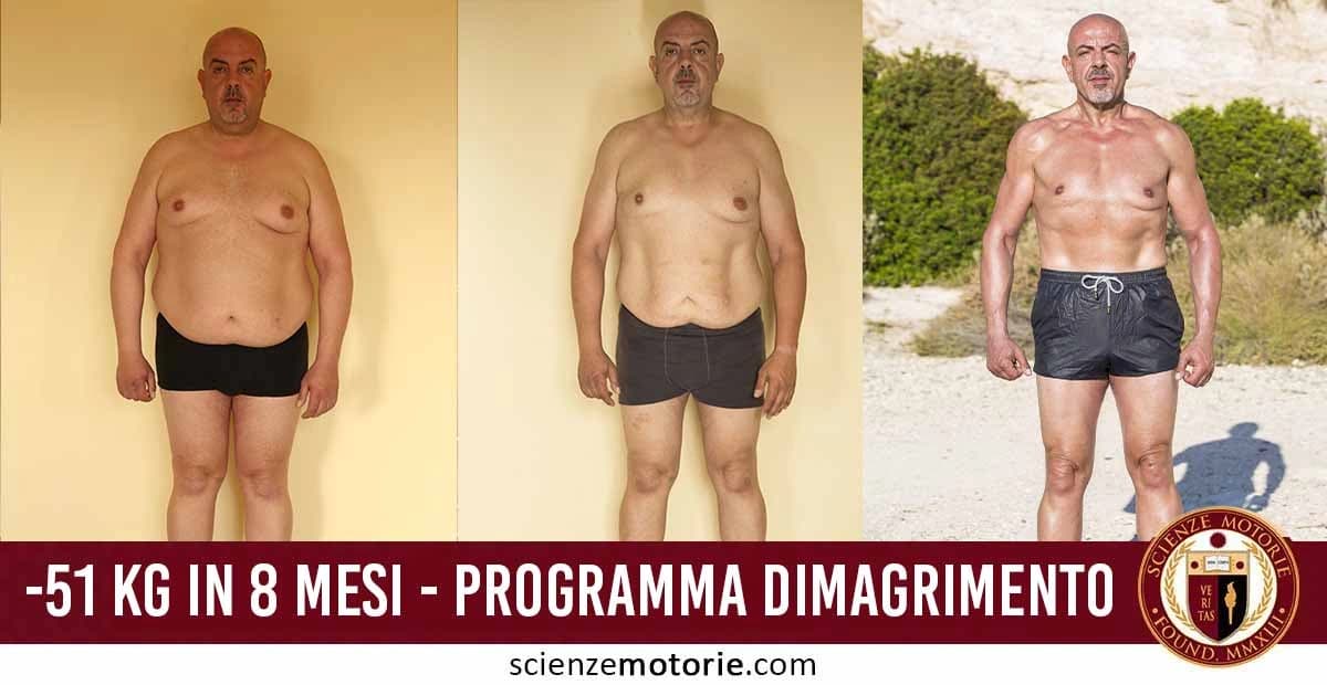 Sequenza di trasformazione fisica di un uomo che mostra una perdita di 51 kg in 8 mesi, da sovrappeso a fisico tonico e muscoloso. In basso il testo “Programma Dimagrimento” e il logo Scienze Motorie.