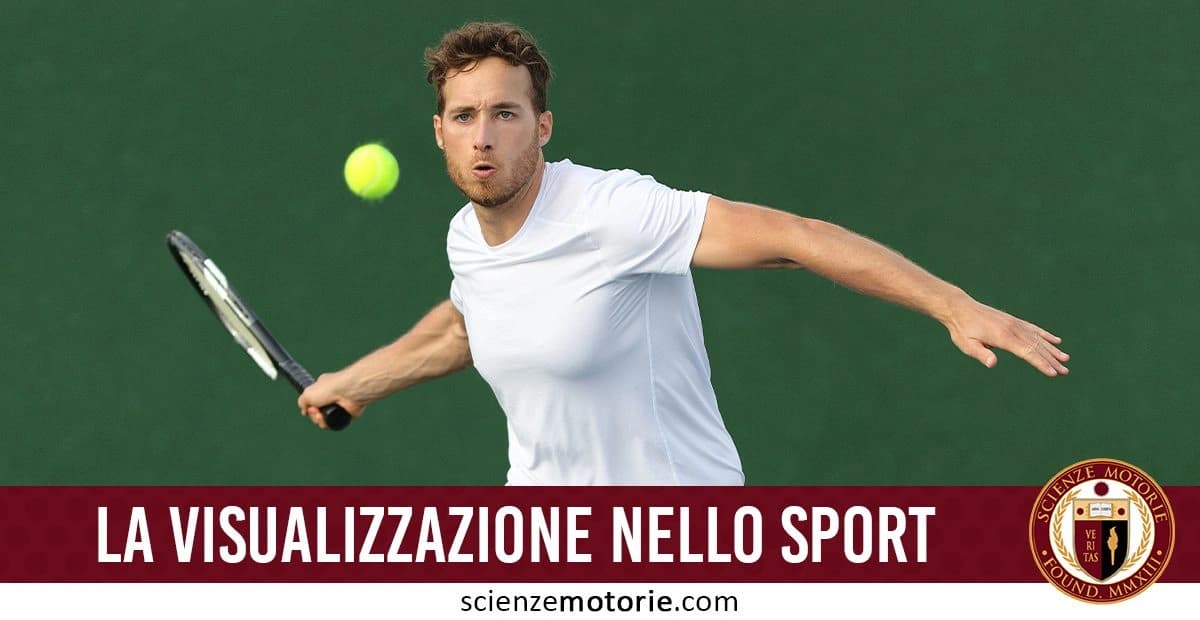 L'immagine mostra un uomo vestito con una maglietta bianca, impegnato in una partita di tennis. Sta per colpire una palla con la sua racchetta, mentre sullo sfondo verde è visibile il testo "La visualizzazione nello sport". Accanto al testo, si trova il logo di Scienze Motorie.com