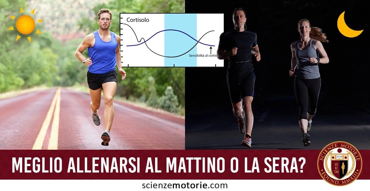 Confronto tra allenamento mattutino e serale: a sinistra, una persona corre di giorno con un simbolo di sole; al centro, un grafico mostra il livello di cortisolo e la sensibilità all'ormone; a destra, due persone corrono di notte con un simbolo di luna. In basso, il testo "Meglio allenarsi al mattino o la sera?" e il logo Scienze Motorie.com