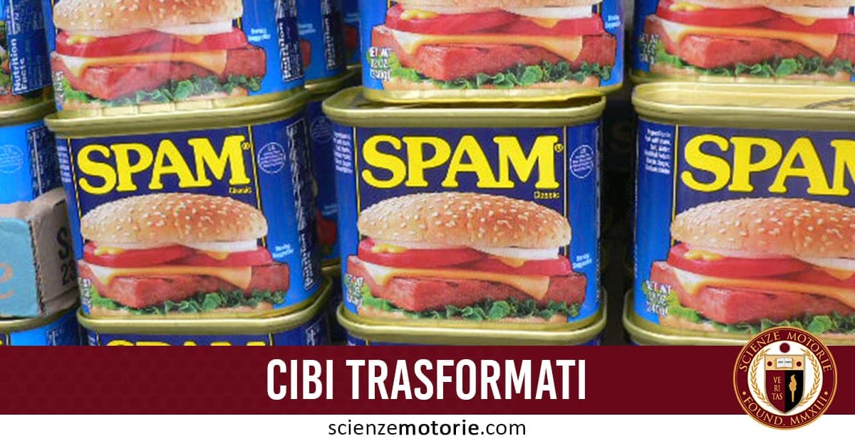 Confezioni di SPAM con immagine di panino con SPAM, formaggio e lattuga, etichettate come cibi trasformati accompagnate dalla scritta "CIBI TRASFORMATI" e il logo di scienzemotorie.com.