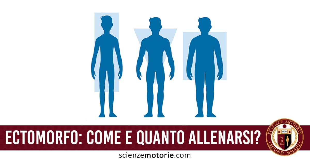 Tre silhouette blu che rappresentano i somatotipi: ectomorfo, mesomorfo ed endomorfo, con testo “ECTOMORFO: COME E QUANTO ALLENARSI?” e logo Scienze Motorie.