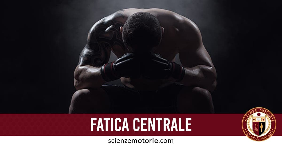 Persona muscolosa seduta con gomiti sulle ginocchia e testa chinata, indossa guanti da combattimento e ha un tatuaggio sul braccio destro; sfondo scuro, barra rossa con scritta “FATICA CENTRALE” e logo Scienze Motorie.