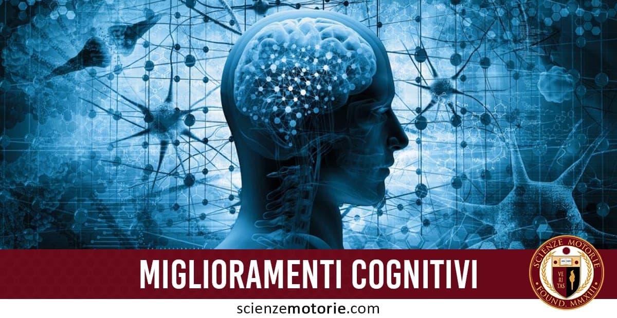 Rappresentazione digitale di un profilo testa umana con cervello visibile e reti neurali blu, con barra rossa "MIGLIORAMENTI COGNITIVI" e logo Scienze Motorie.