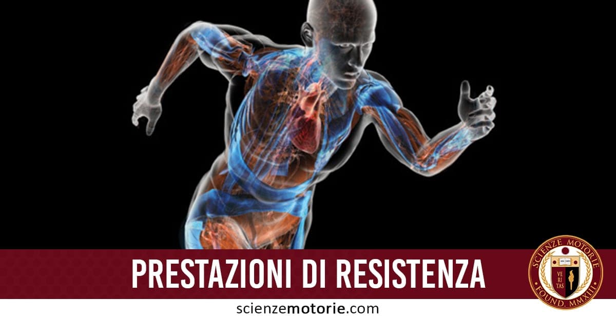 Corpo umano trasparente in corsa con muscoli e sistema cardiovascolare evidenziati, testo “PRESTAZIONI DI RESISTENZA” e logo scienzemotorie.com.