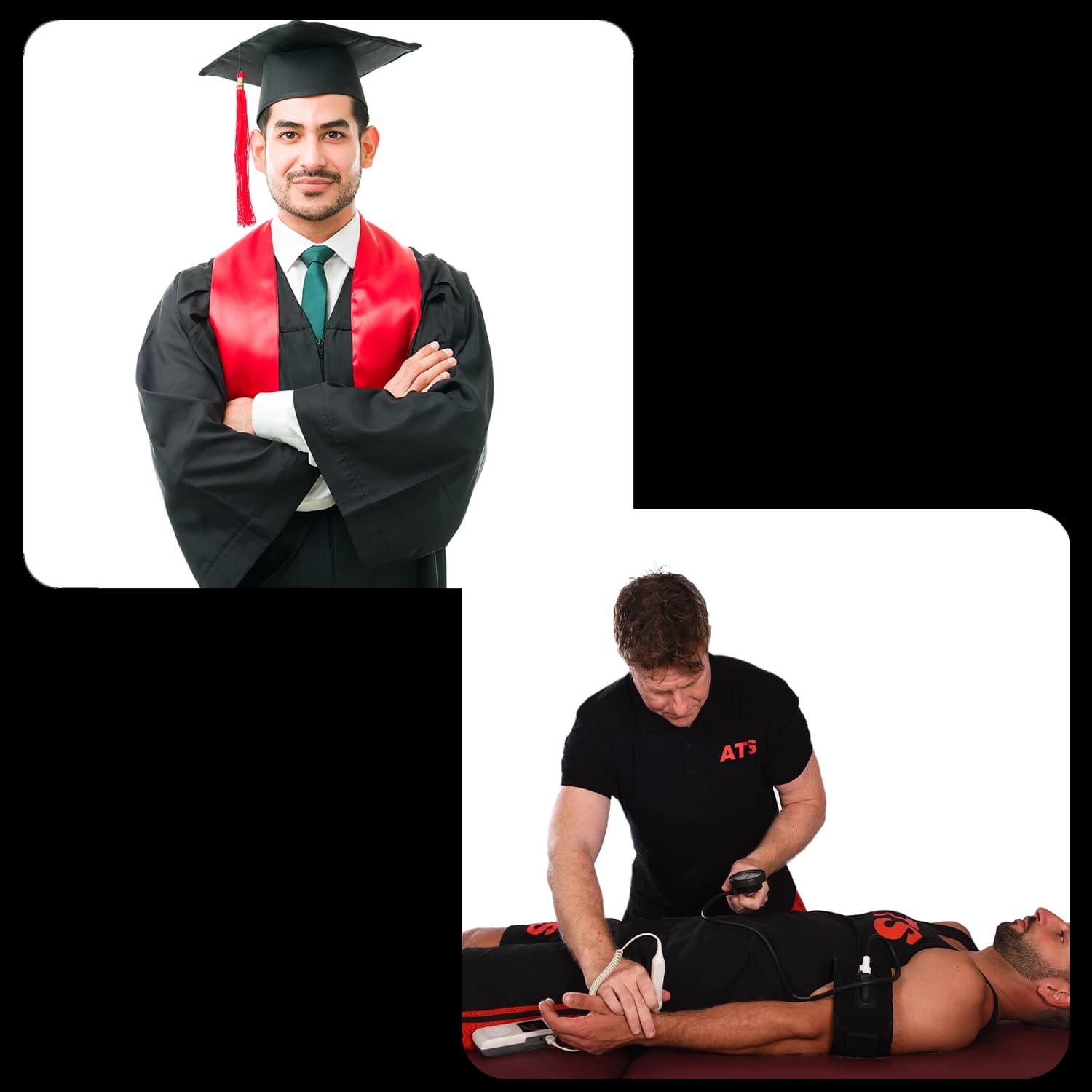 Immagine divisa in due sezioni: in alto persona con toga e tocco da laureato con cordone rosso su sfondo bianco, in basso seduta fisioterapica con uomo che applica elettrodi su paziente in tuta nera, sfondo bianco, logo scienzemotorie.com in basso a destra.